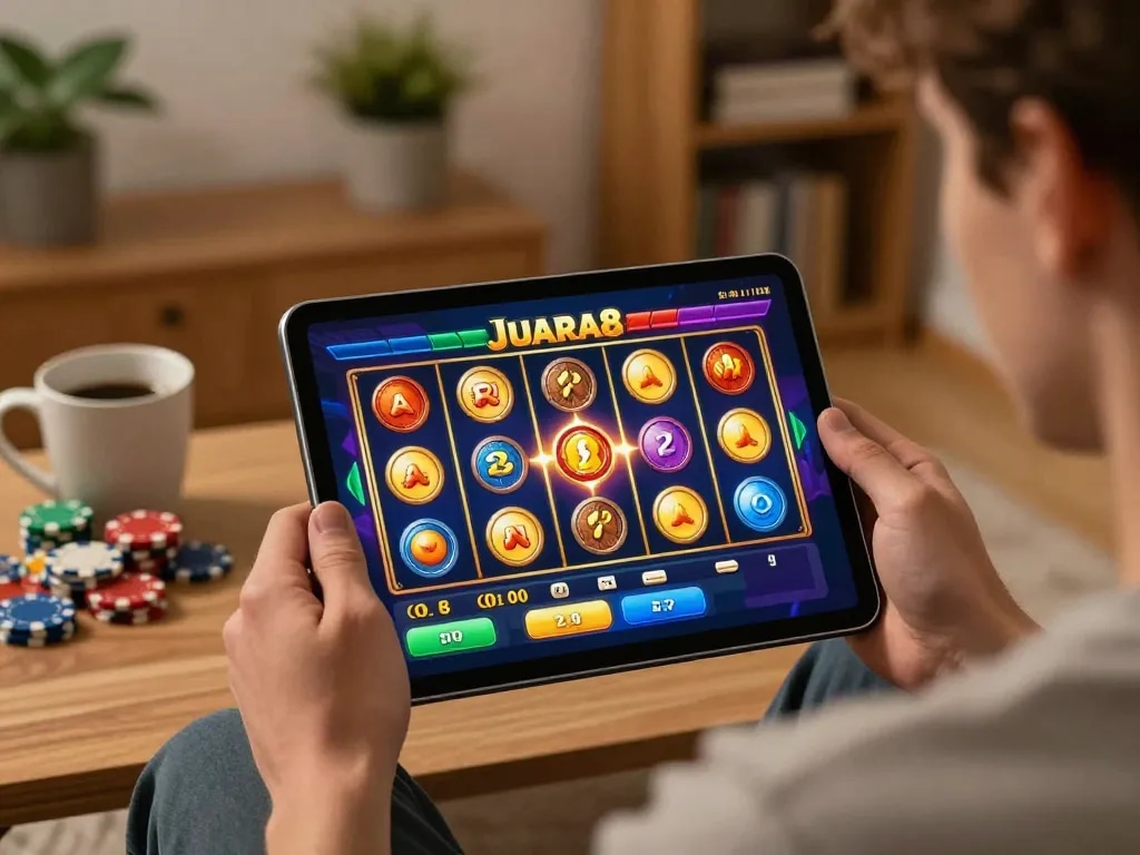 Experience JUARA88 online gaming with a player engaged in vibrant slot games at home, reflecting strategic entertainment.