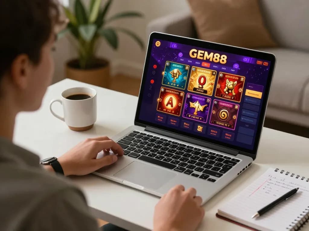 GEM88 player engaging with online casino interface from home setup, showcasing vibrant game graphics.