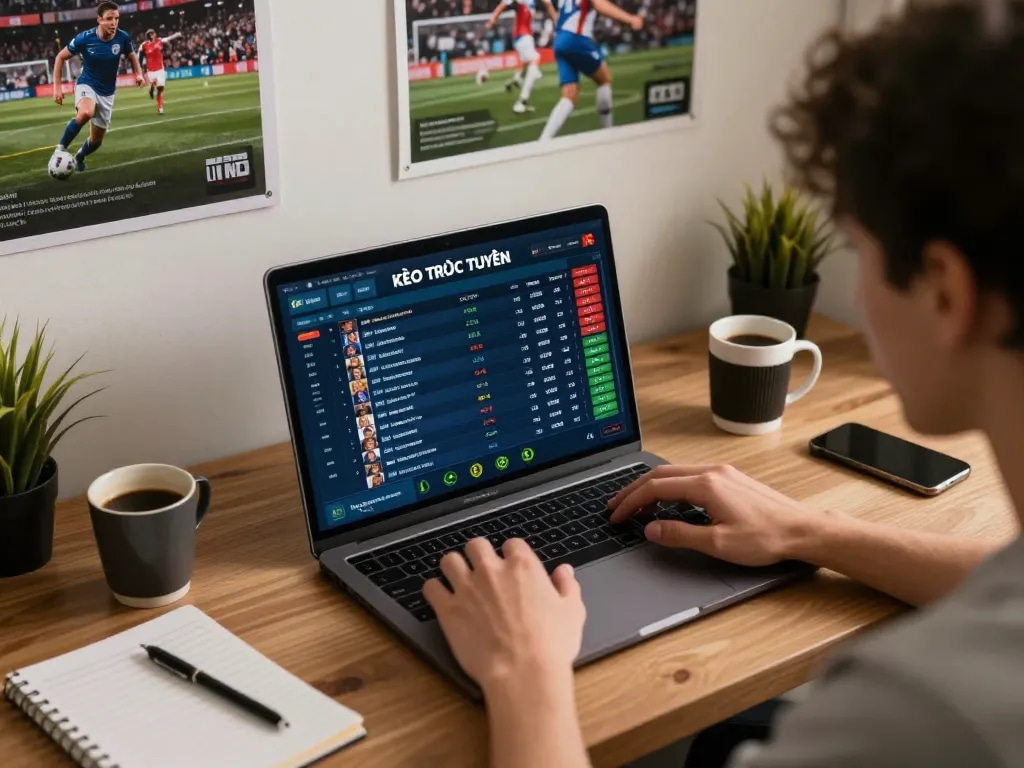 KÈO TRỰC TUYẾN user analyzing live sports odds on a laptop in a focused home office.