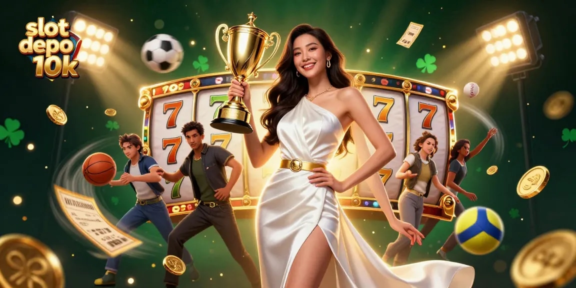 Win big with slot depo 10k in this vibrant 3D illustration showcasing dynamic slot game elements and victory.
