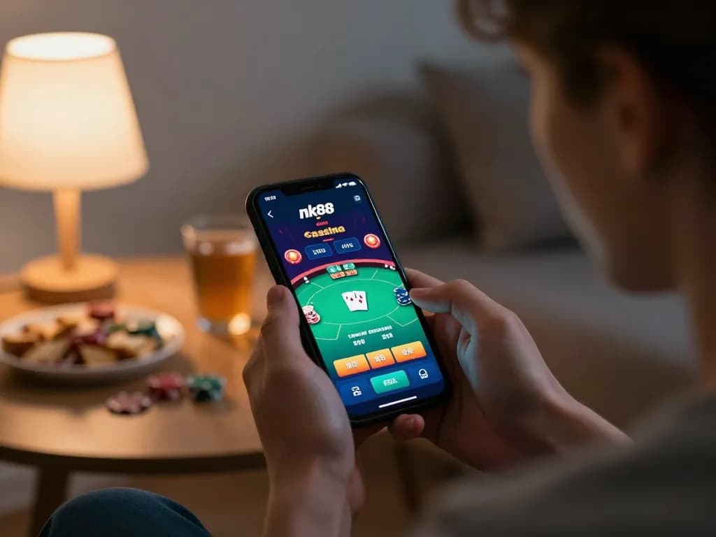 Engaging in nk88 gaming strategies at home with a smartphone in hand and cozy surroundings.