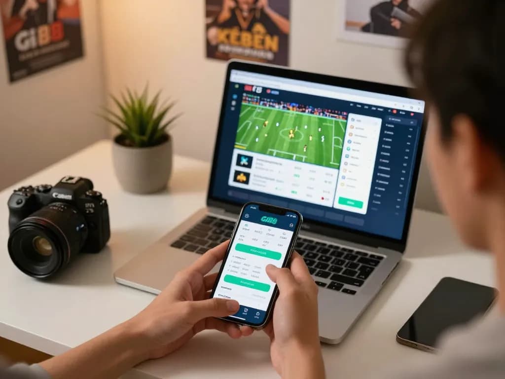 Engaged player betting on gi88 mobile app during a cozy home session, showcasing live sports action.