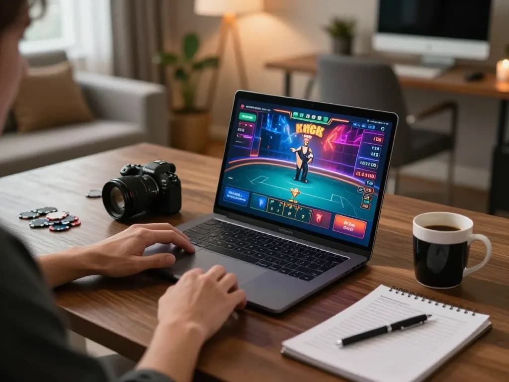 Engaged user enjoying rr88 online poker gameplay on a laptop in a cozy home environment.