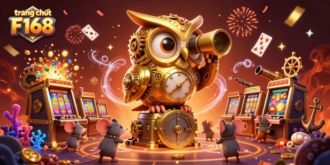 Experience the excitement of trang chủ F168 with a dynamic illustration of a golden owl and casino elements.