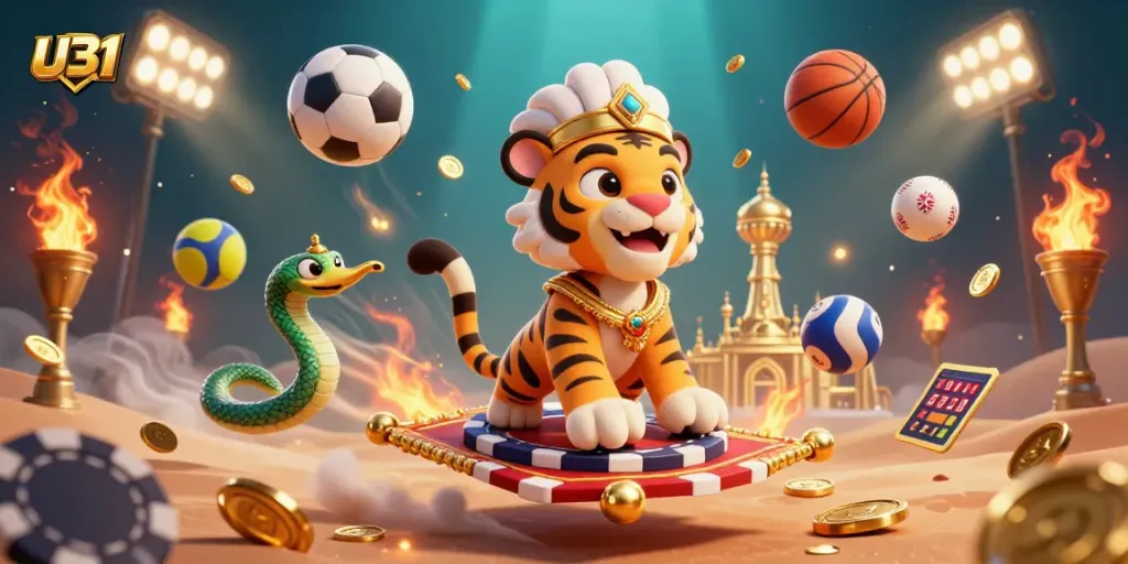 Experience the thrill of U31 online casino with dynamic elements like sports balls and golden trophies.