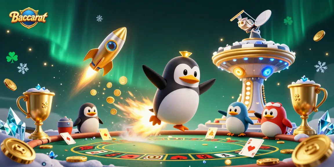 Baccarat table surrounded by vibrant elements, featuring a golden penguin and casino dynamics.