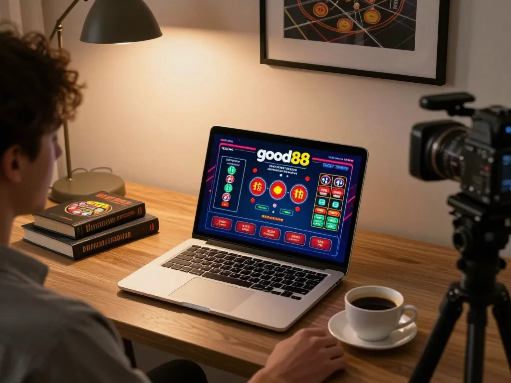 Enjoying a thrilling game at good88 online casino from a stylish home office.