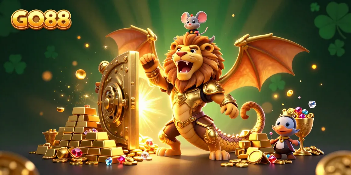 Experience the GO88 adventure with a roaring chimera and treasure in an online casino atmosphere