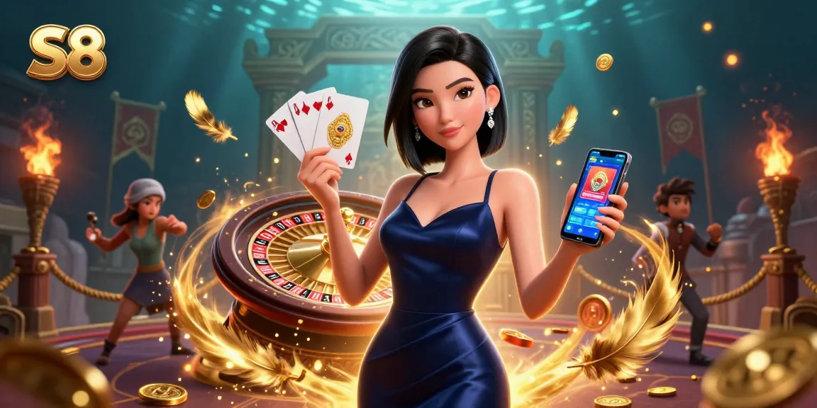 S8 leads an exciting casino scene with a confident woman holding a smartphone and golden chip.