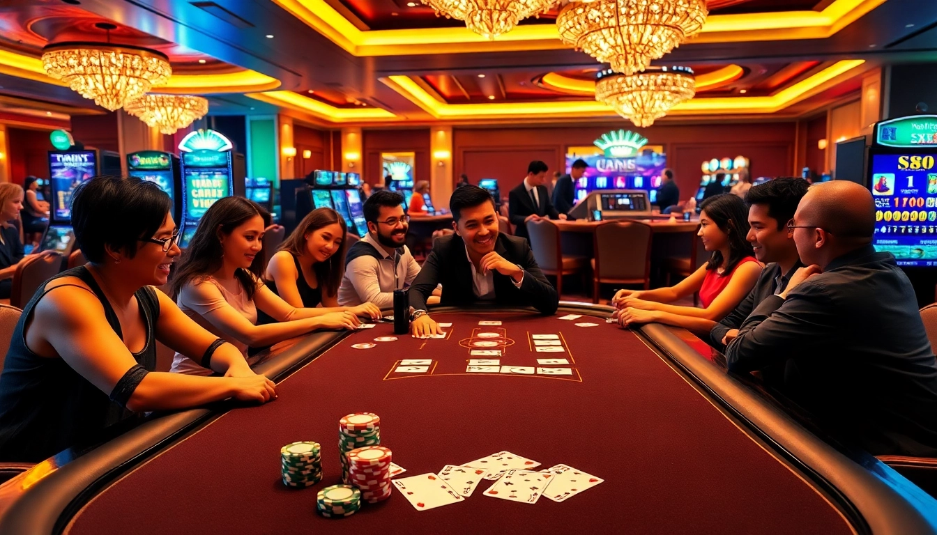 SX88 players enjoying a thrilling game at a luxury casino table, with vibrant chips and cards.