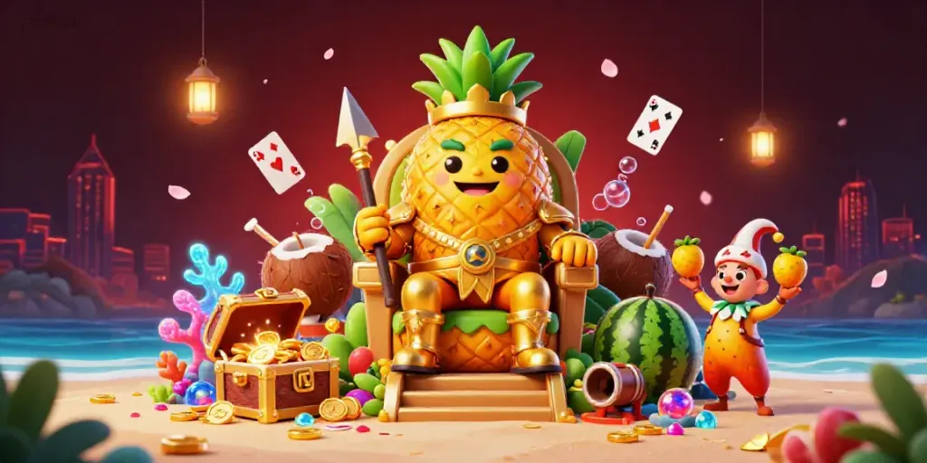 parsbet ile kumar platformunda eğlenceli sahne, altın ananas kral ve koruma Figürleri.