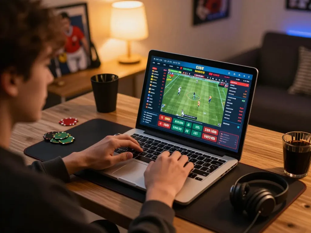 Engaging with LU88 sports betting app on a laptop during a live game.