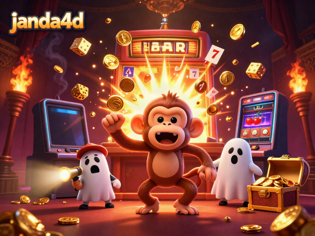 Janda4d menghadirkan permainan kasino menarik dalam ilustrasi detail 3D dengan karakter hantu dan monyet.
