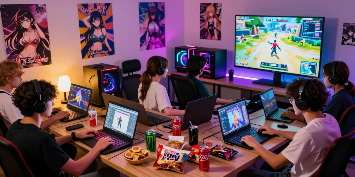 Engaged players enjoying hentai game sessions in a cozy gaming room with snacks and vibrant lighting.