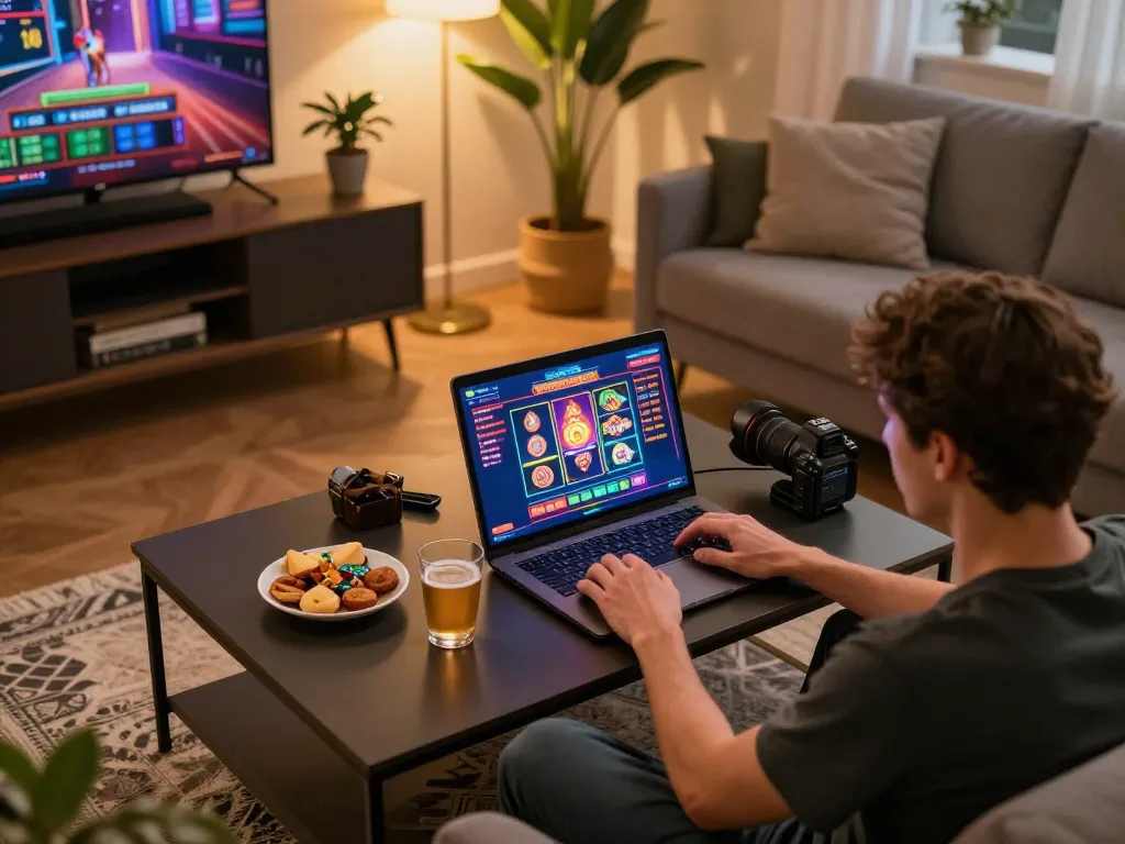 Engaging with Pragmatic Slot on a laptop in a cozy home environment, showcasing responsible gaming.