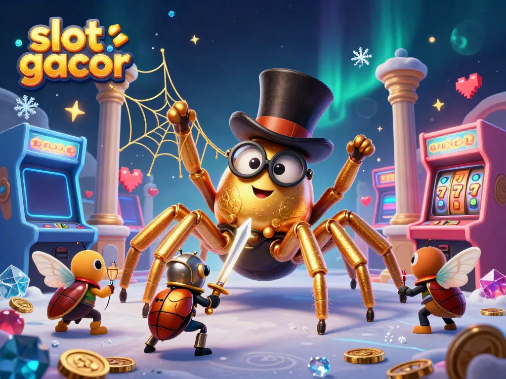 Engage in thrilling slot gacor gameplay with a golden tarantula and beetle knight illustration.