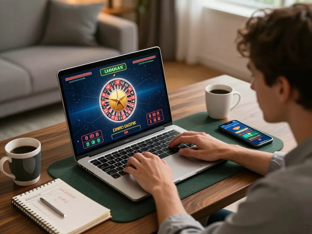 Player focused on online casino game at home with 123bmvp laptop, warm lighting and betting notes.