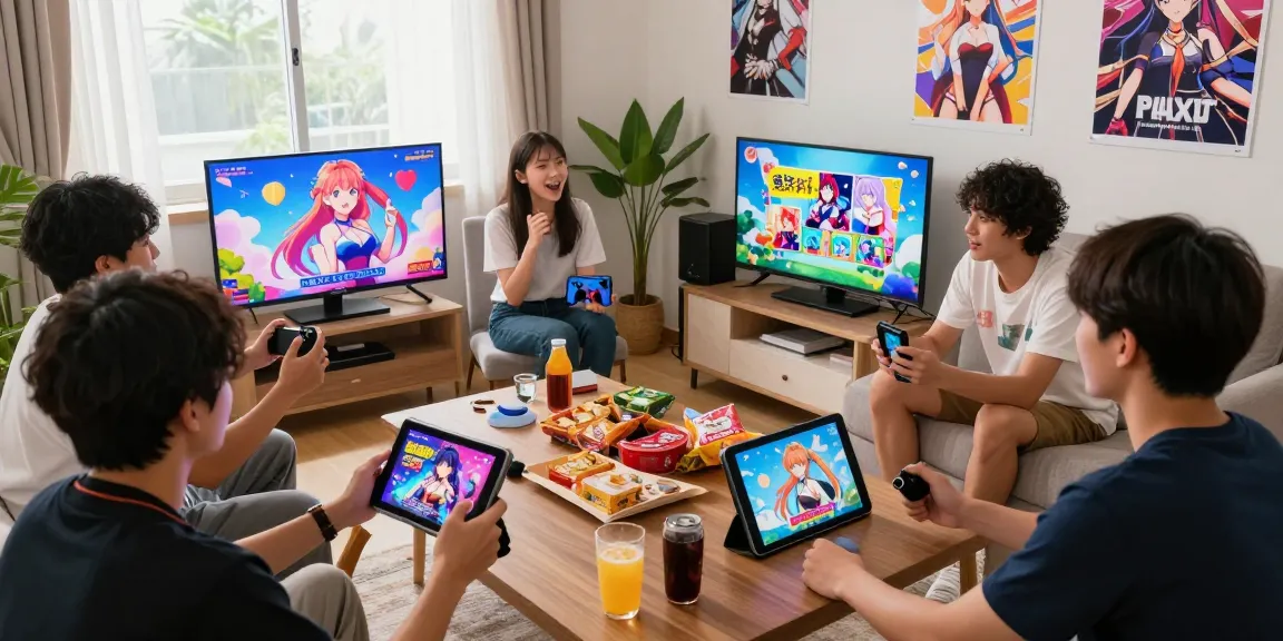 Players enjoying interactive hentai games in a cozy setting with devices.