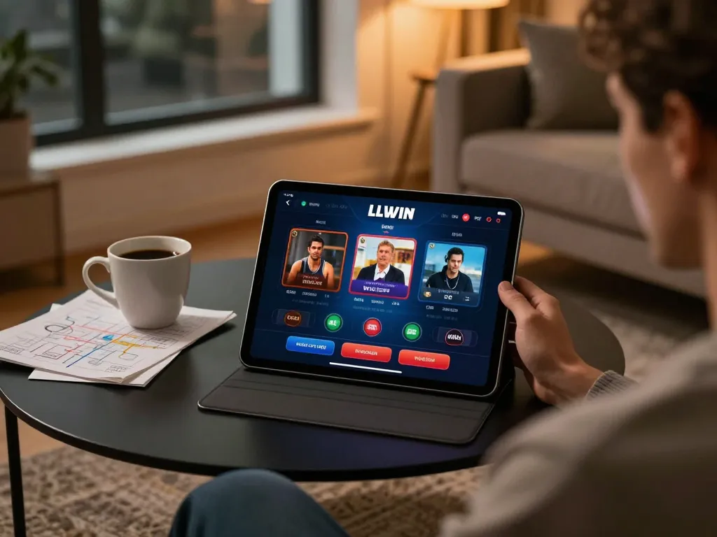 Player engaging with the LLWIN casino app on a tablet in a cozy home setting.