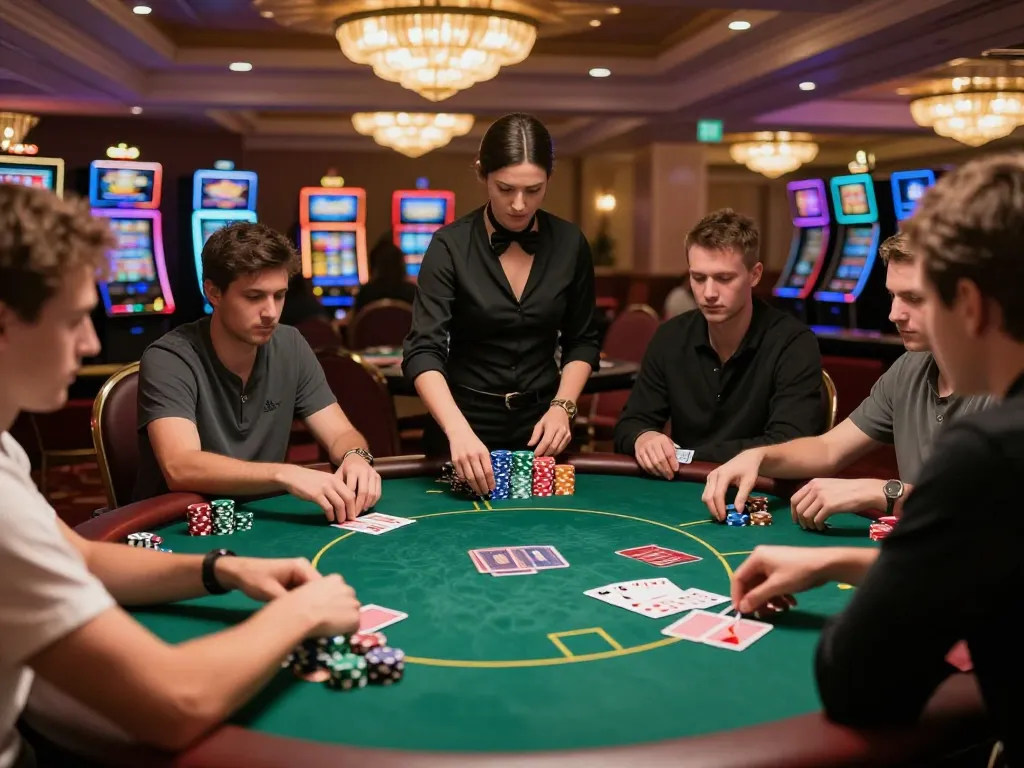 Hitclub poker players engaged in strategic gameplay in an upscale casino setting