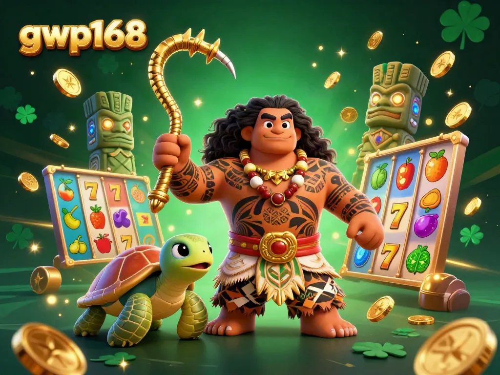 Menyajikan keberuntungan melalui simbol slot dan karakter unik gwp168 dalam gambar permainan kasino.