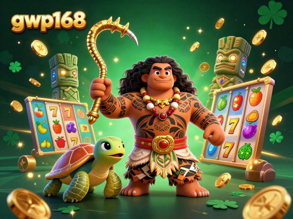 Menyajikan keberuntungan melalui simbol slot dan karakter unik gwp168 dalam gambar permainan kasino.
