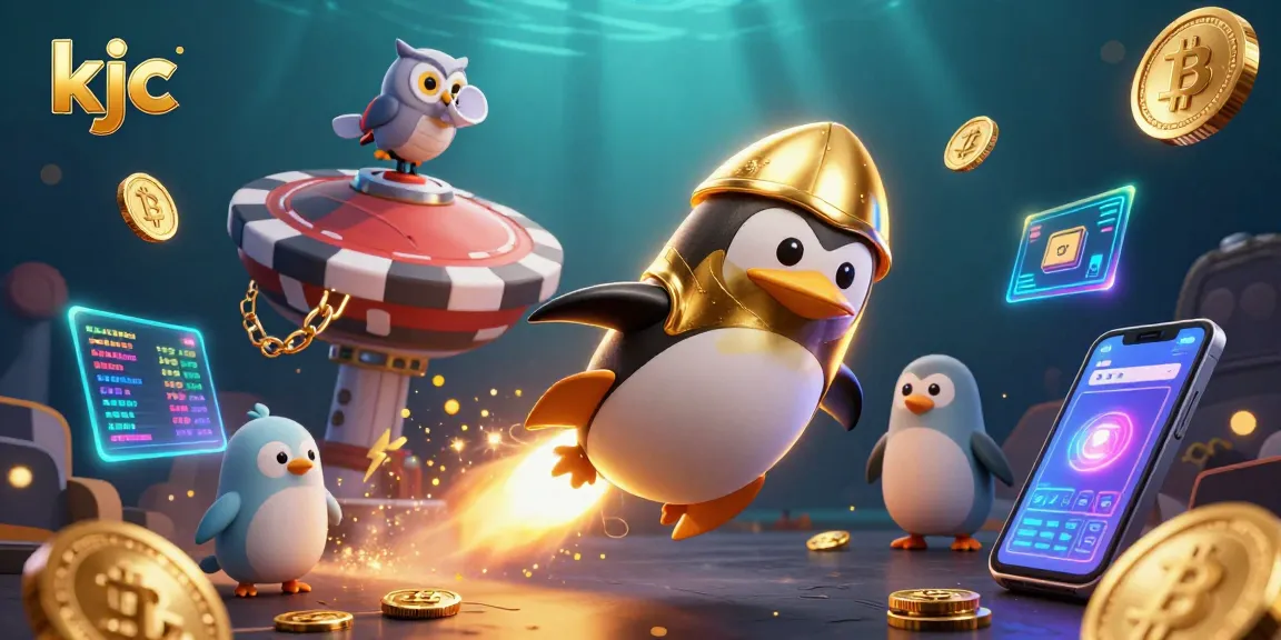 Experience the thrilling adventures at KJC with a golden penguin navigating a vibrant casino universe.