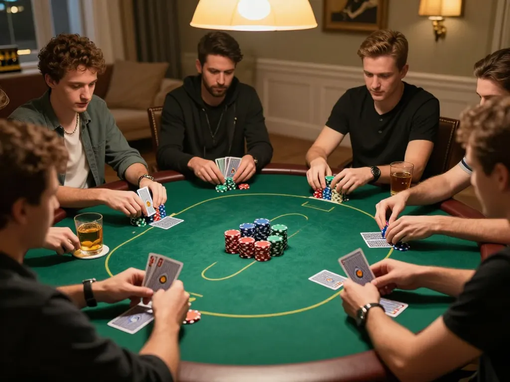 Players engaged in a thrilling poker game at nk88mvp home setting, chips stacked, and cards held high.