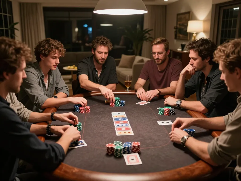 Play poker with friends in an engaging home setting at 888New, showcasing strategy and fun.