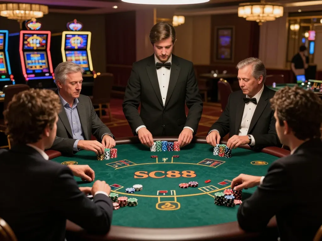 Players strategizing at SC88's blackjack table, showcasing excitement and engagement.