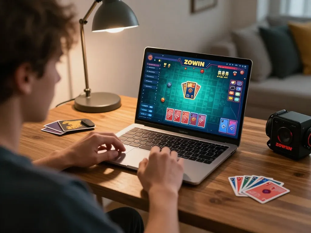 ZOWIN online gaming scene with person playing cards on a laptop in cozy setting
