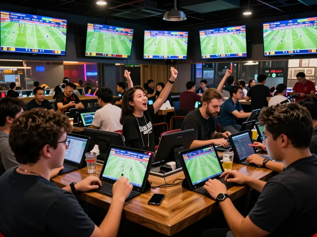 Tỷ Lệ Bóng Đá scene with fans placing sports bets at a lively bar during live matches.
