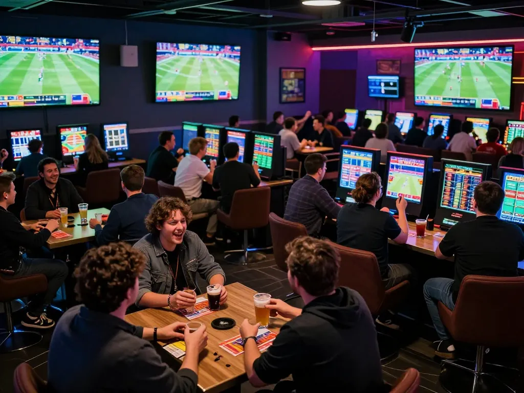 Fans enjoying sunwin sports betting experience in a lively lounge with live game screens