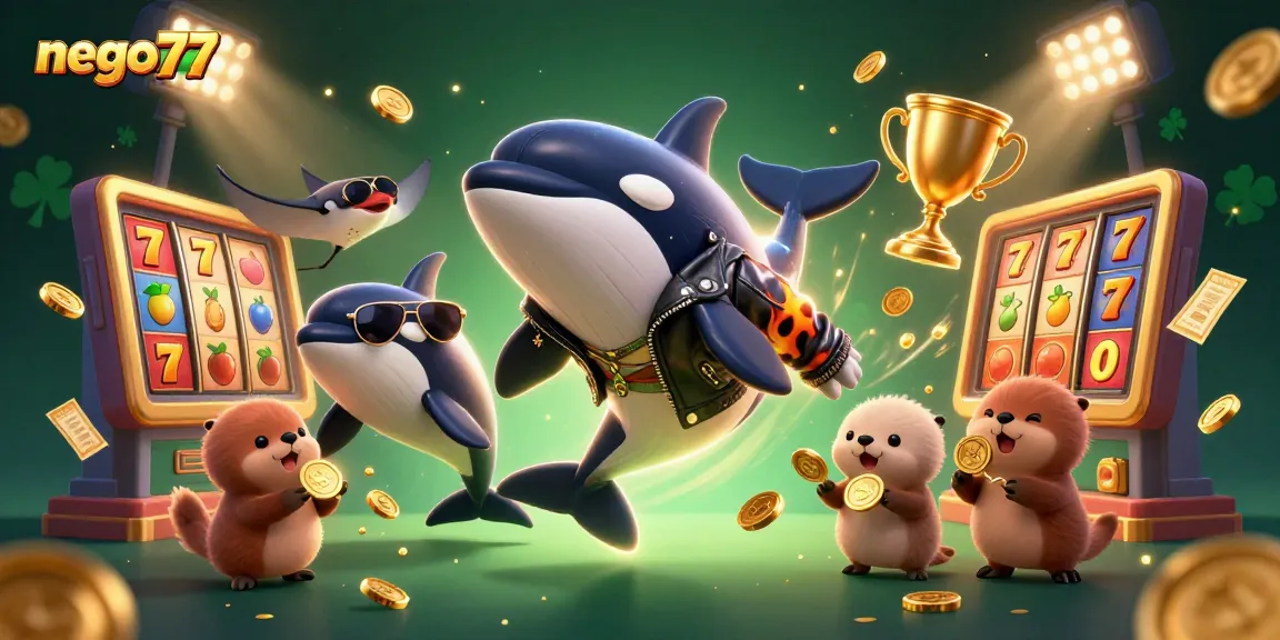 Nego77 brings excitement with a lively 3D scene featuring joyful sea creatures and vibrant slot game elements.