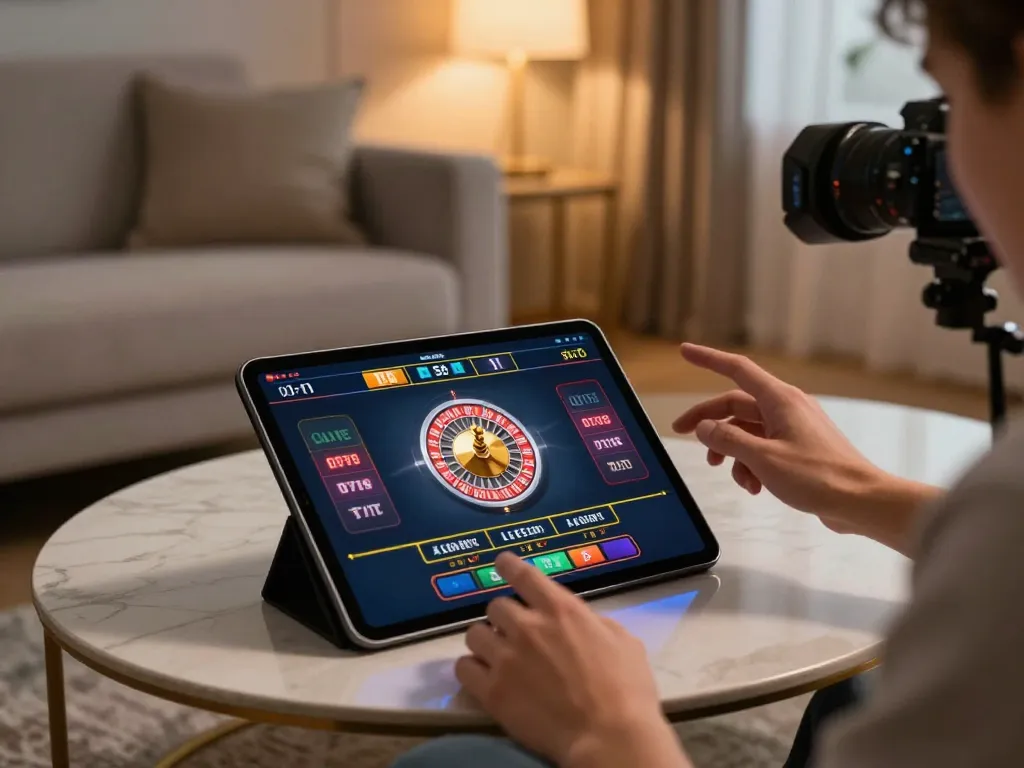 Engaging in an exciting online roulette game at home with dash88 tablet in hand and festive atmosphere.
