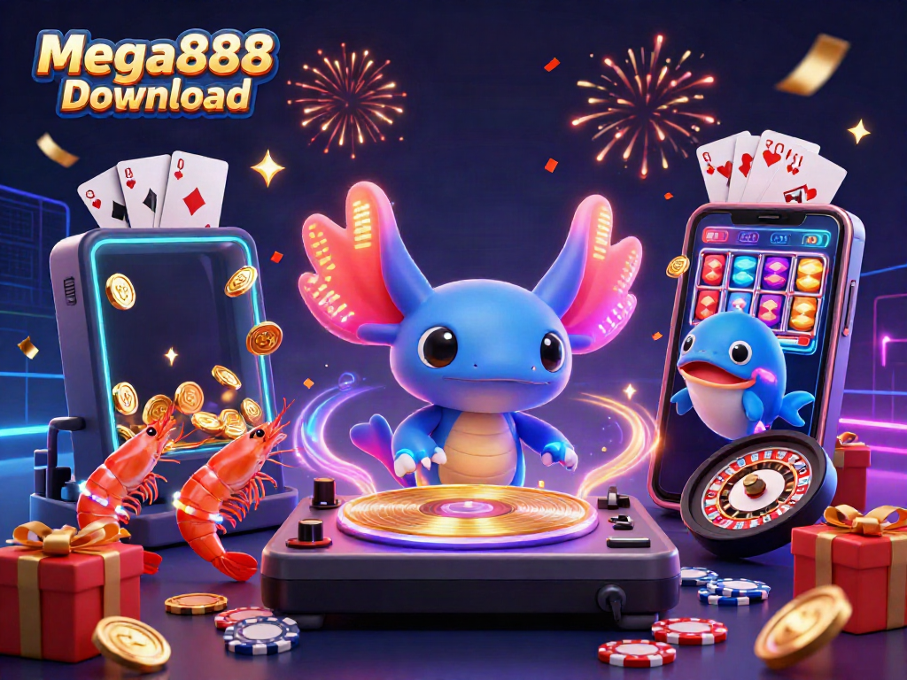 Experience thrilling Mega888 Download action with fun casino games and vibrant 3D characters in this illustration.