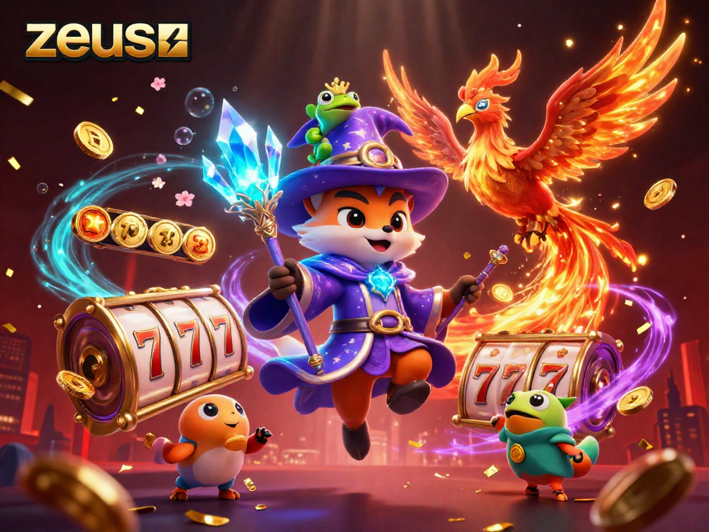 Experience zeus spinning slot reels with mystical characters and golden coins flying around.