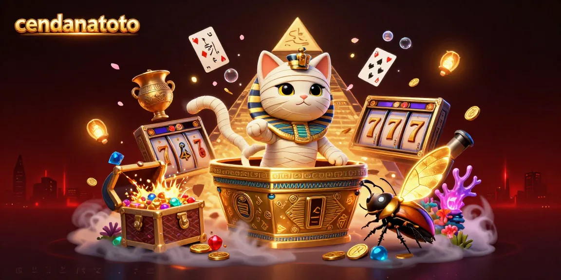 Cendanatoto showcases an Egyptian mummy cat and scarab beetle in a vibrant casino scene filled with slot game elements.