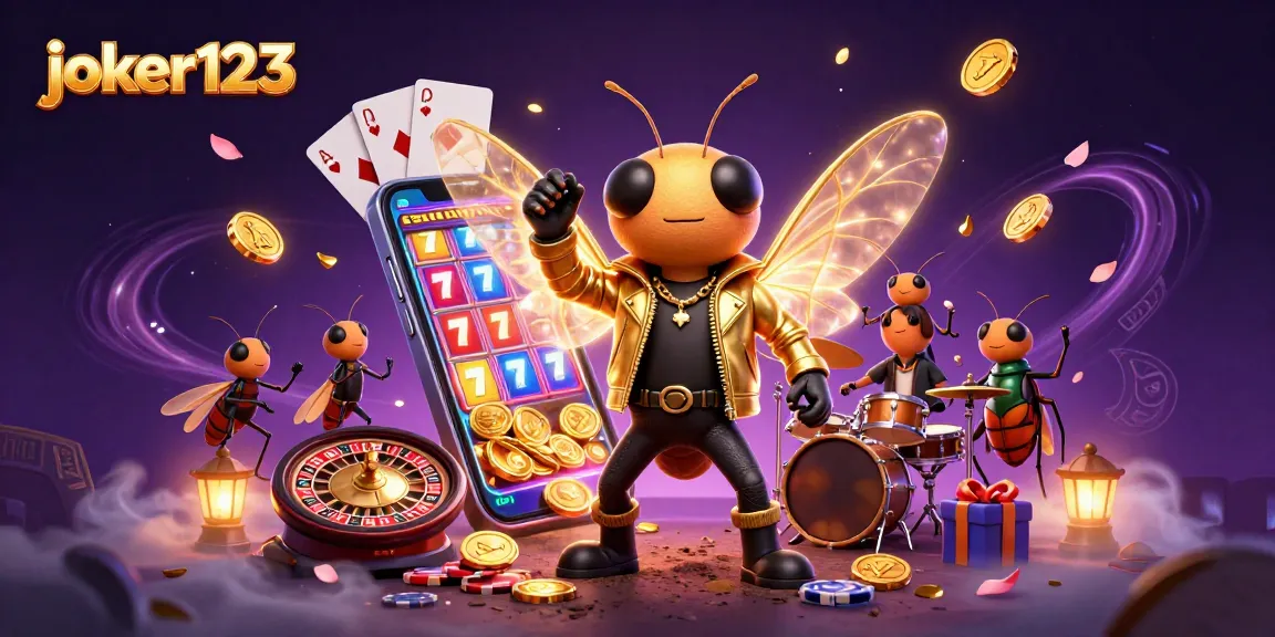 Visualisasikan joker123 dengan cicada rock star dan elemen kasino dalam ilustrasi 3D yang memukau.