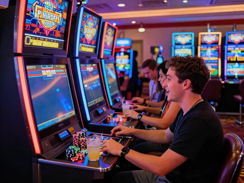 A vibrant casino scene featuring the akunjp slot machine, showcasing excitement and thrill of gambling.