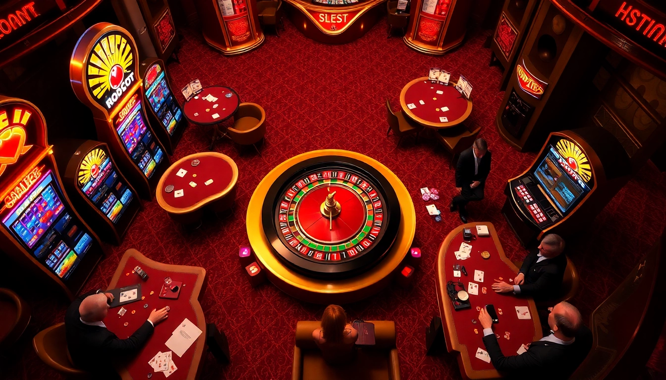 Experience the thrill of 'Slot gacor' at a vibrant casino with lush slot machines and excited players.
