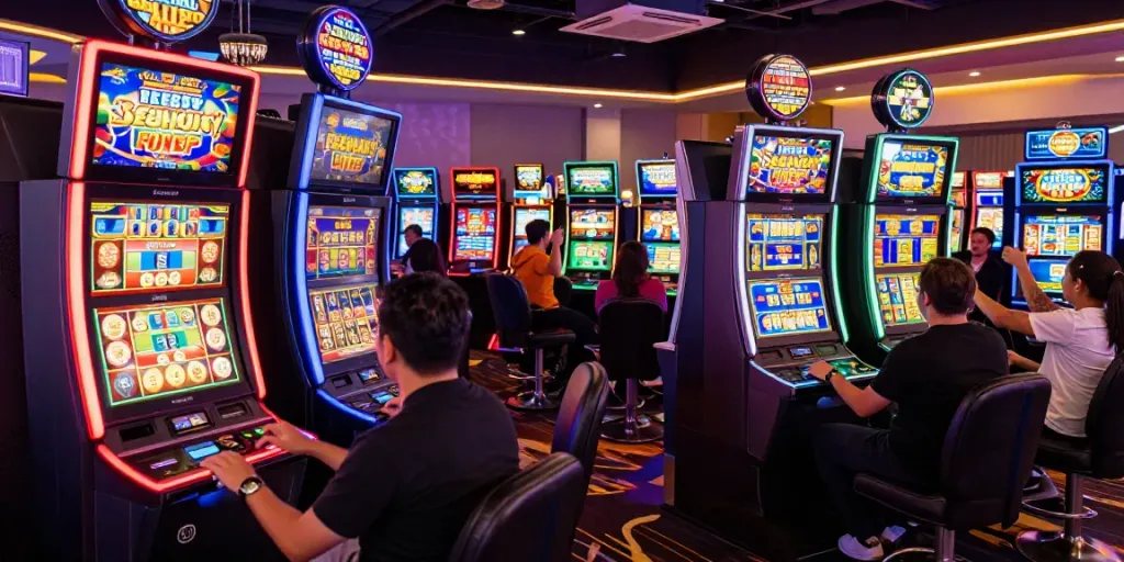 Exciting slot machine scene in vibrant casino with players enjoying their games.