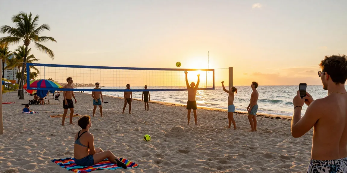 Teman-teman bersenang-senang di pantai Miami, voli pasir saat matahari terbenam di https://miami4d.com/.