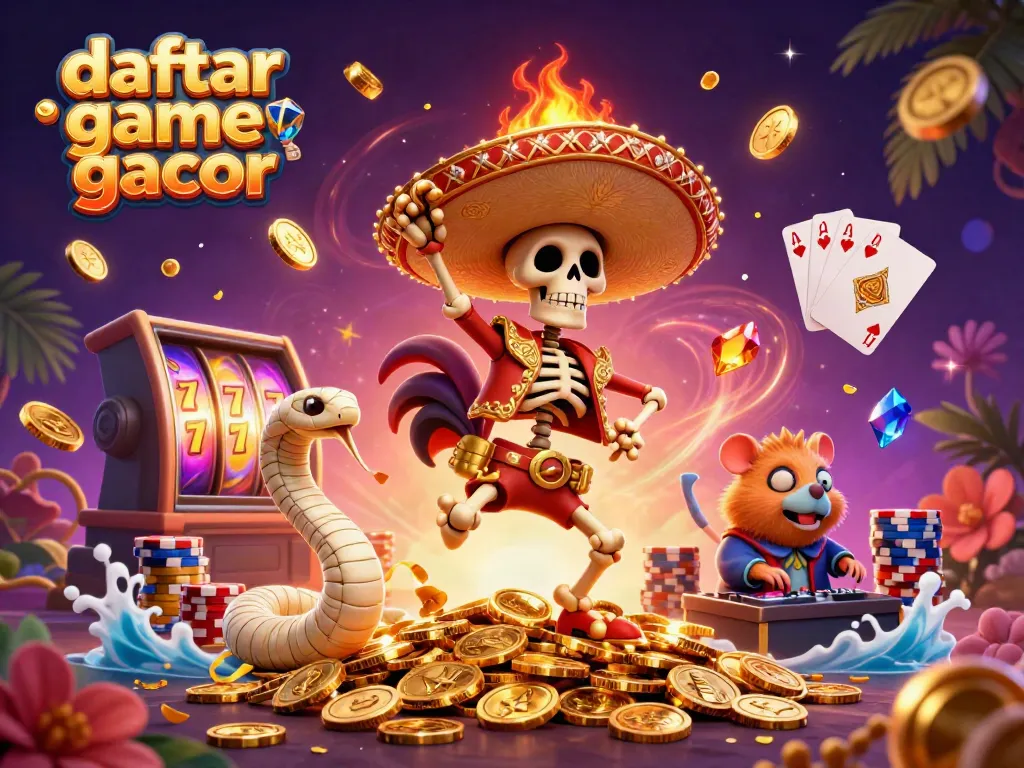 Merayakan daftar game slot gacor dengan karakter kartun 3D menari di atas tumpukan koin emas.