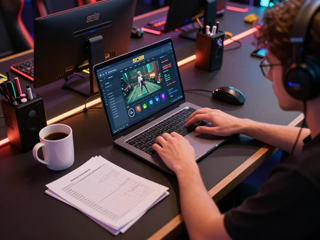 Engaged player using laptop for SC88 online gaming strategy