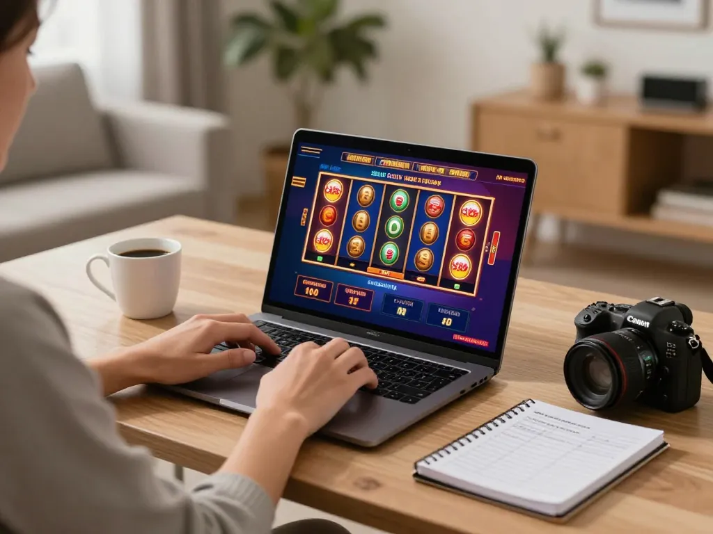Engaging gameplay on a laptop showcasing Sunwin casino settings with vibrant graphics and strategic planning notes.