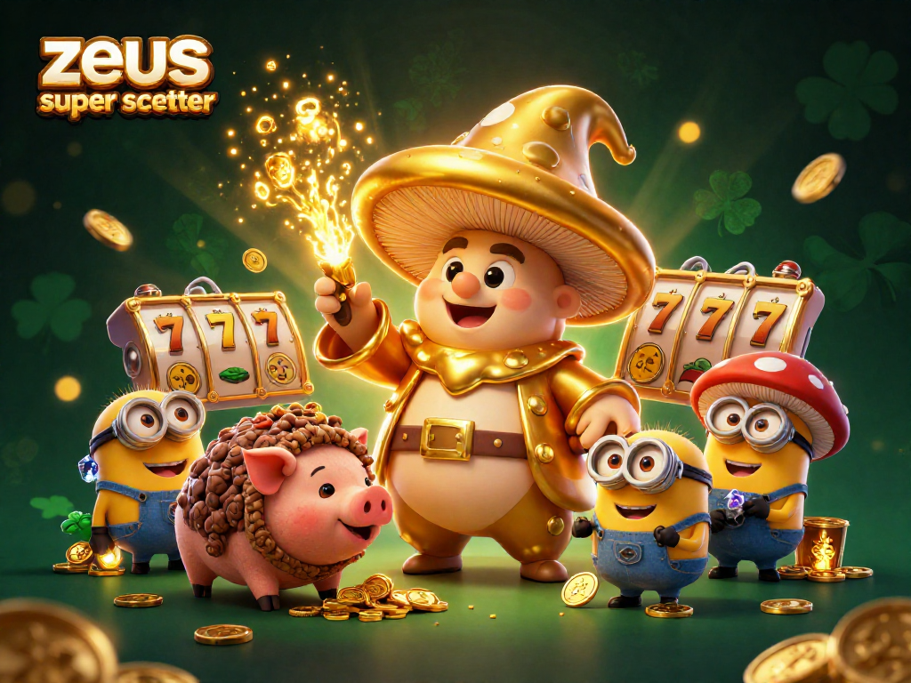 Experience winning spins with zeus super scatter in this vibrant casino-themed illustration.