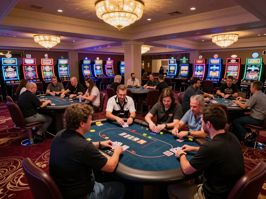 Players engaged in strategic poker gameplay at a TR88 casino, vibrant atmosphere with colorful lights.