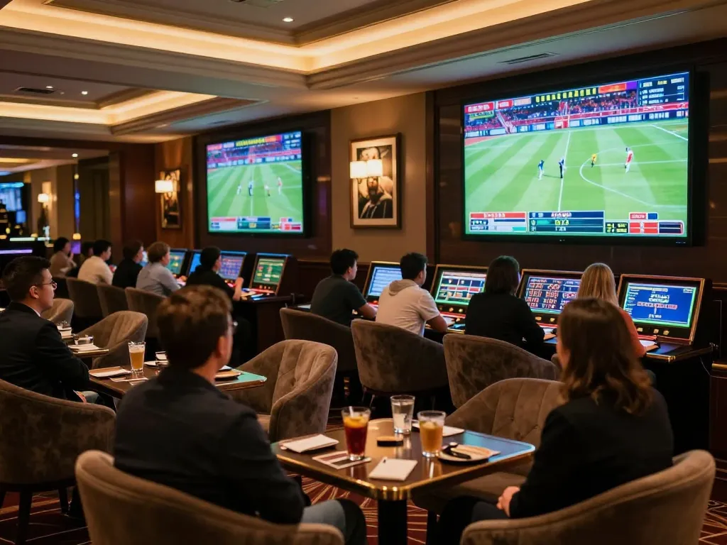 Excited bettors engaging in sports betting at a luxurious casino lounge while using g28tv for the best odds.