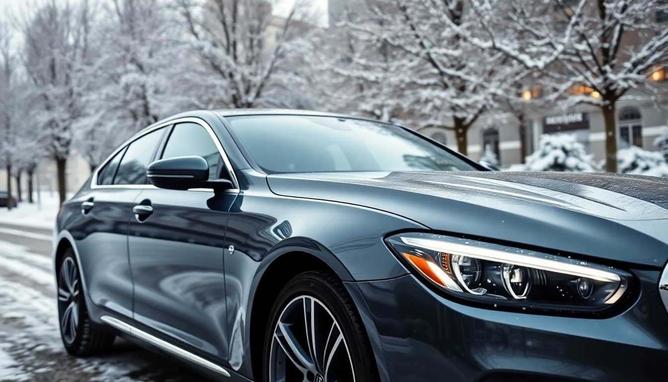 Show a car with PPF winter road salt protection in a snowy urban environment.